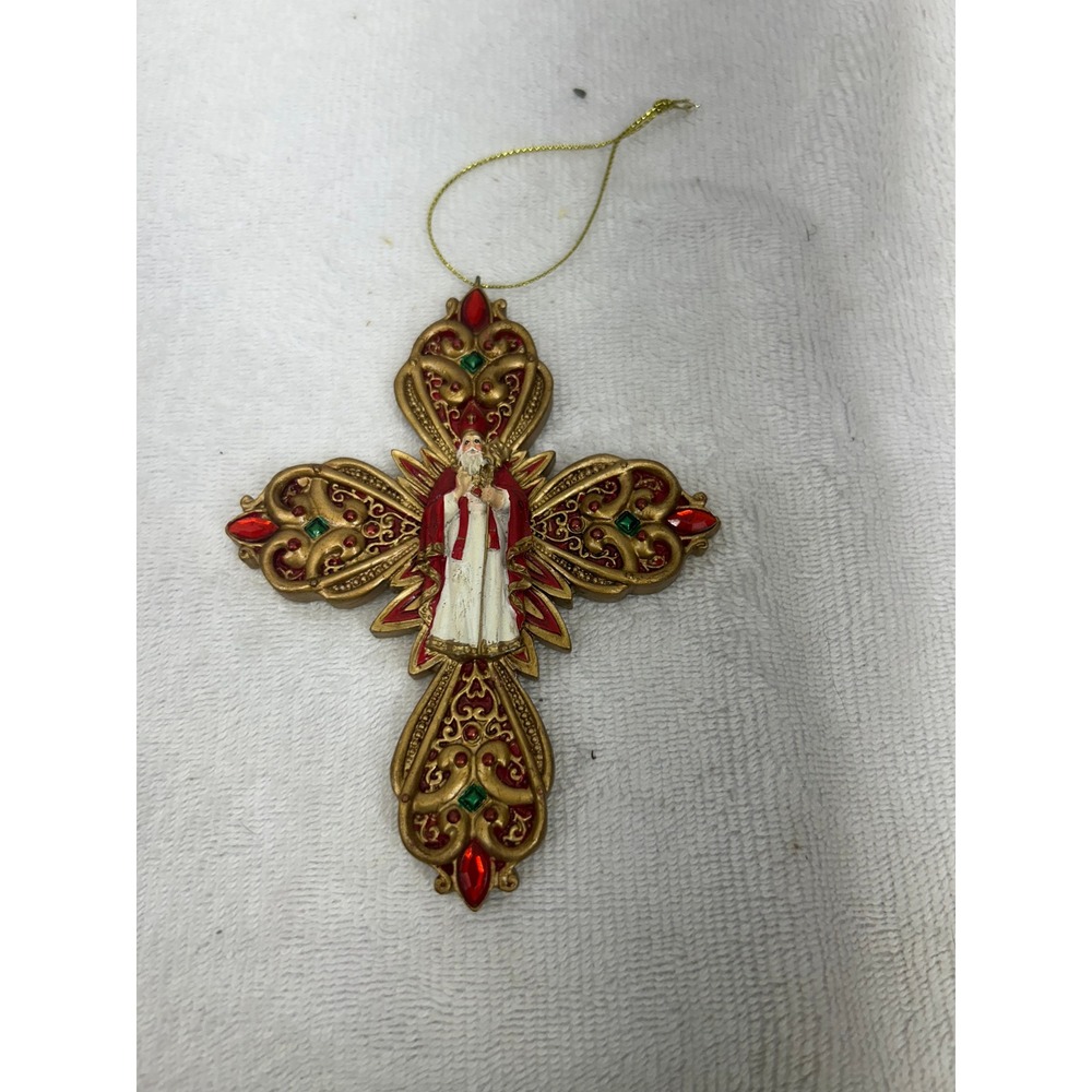 Gifts of Faith 2009 Santa Claus Ornate Cross Christmas Ornament Gold Red Green